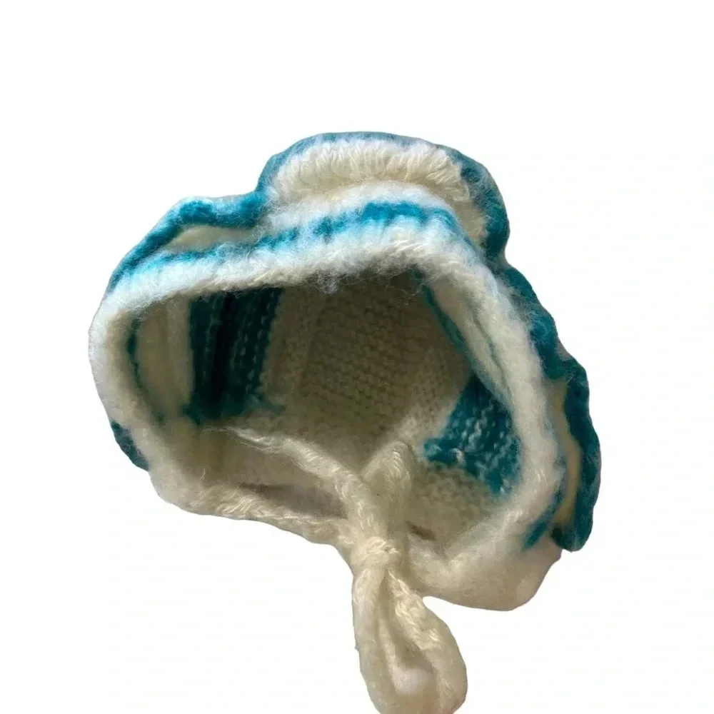 Handmade baby girls knit by bonnet, cream and turquoise